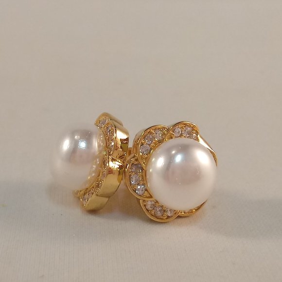 18K Yellow Gold Filled Pearl Swirl Flower Diamond Topaz Zircon Stud Earrings - Picture 4 of 6